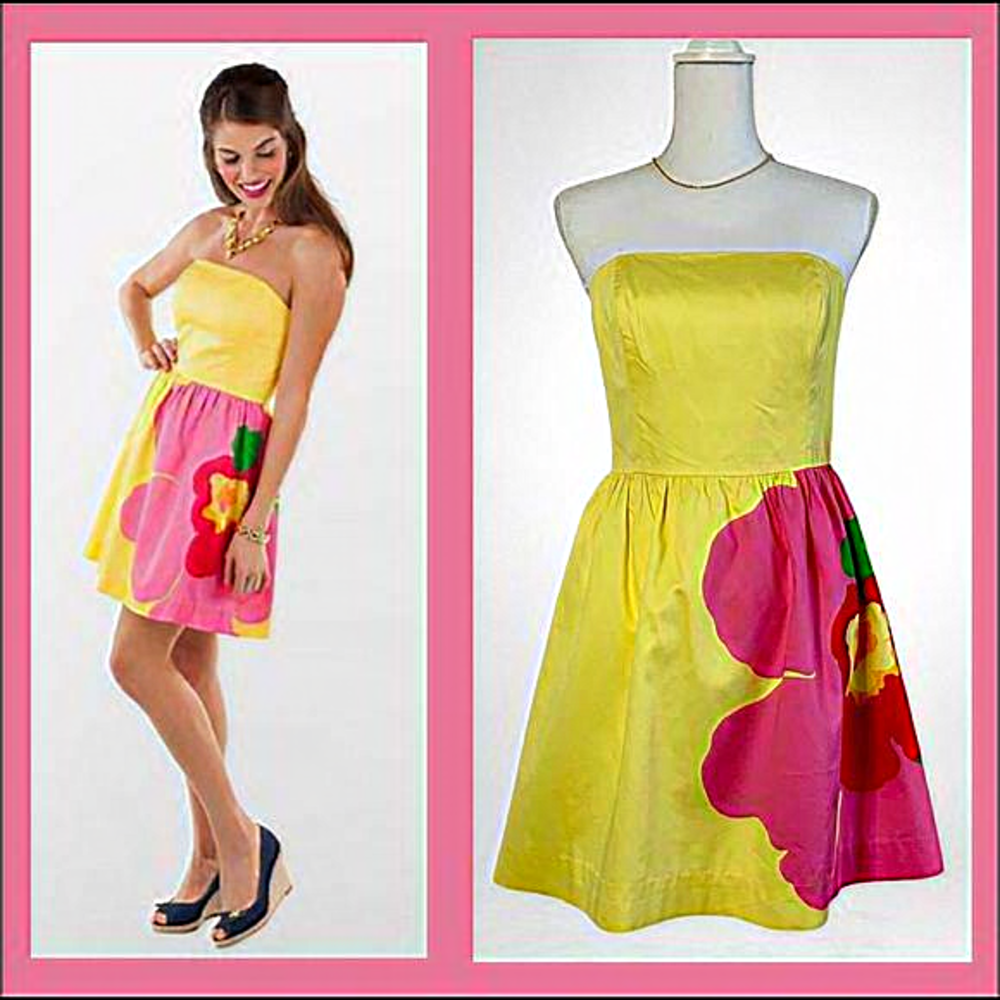 Lilly Pulitzer Yellow Strapless Dress with Pink Floral Design